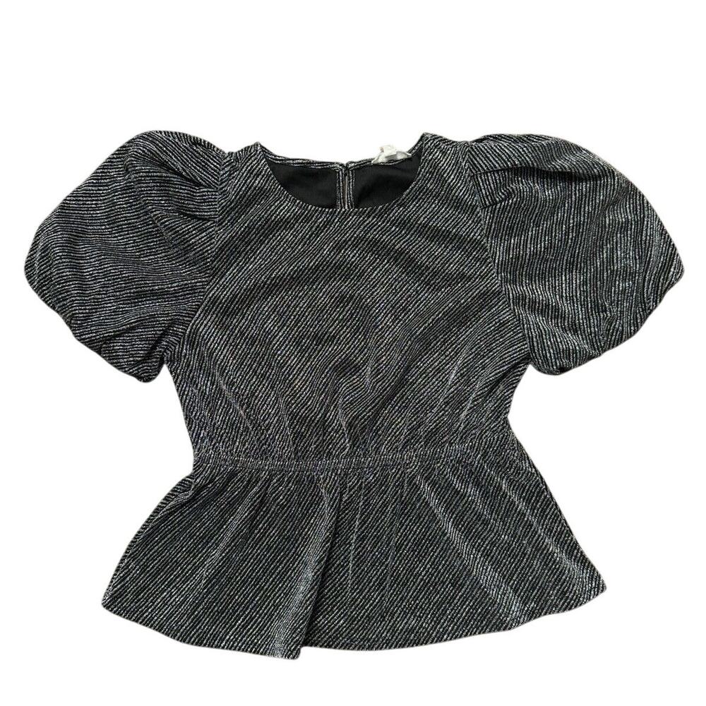 NWT by the River Metallic Peplum Top, Silver Striped With Puff Sleeves Size Med.